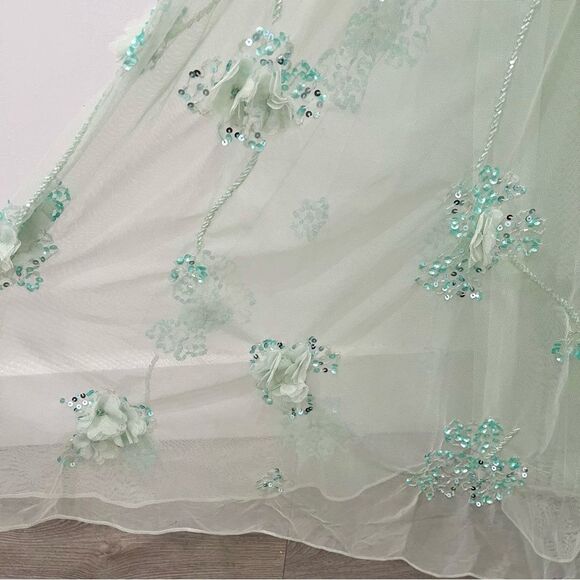 NWT Mac Duggal 70275 Aqua Mint Sequined Floral Ruffle Cutout Tulle Maxi Dress 2 - Picture 11 of 11